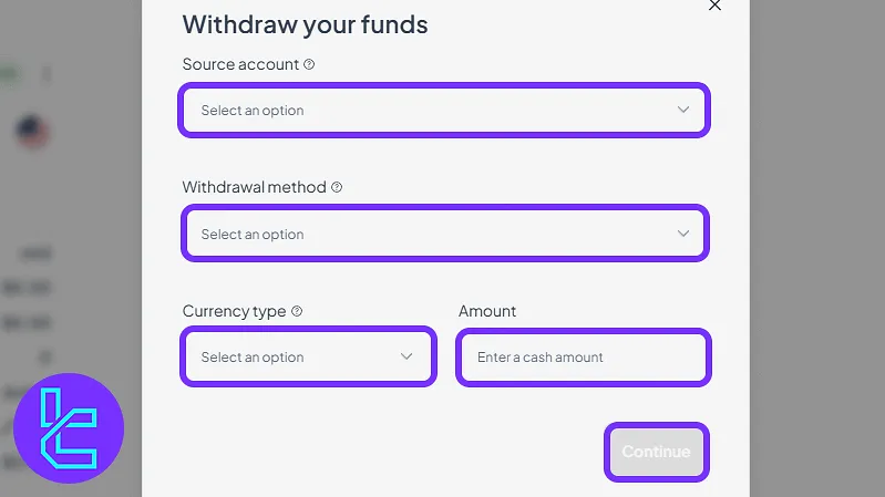 Tradeview Markets withdrawal form and options in the user panel