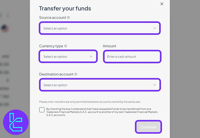 Internal fund transfer form in the Tradeview Markets user panel