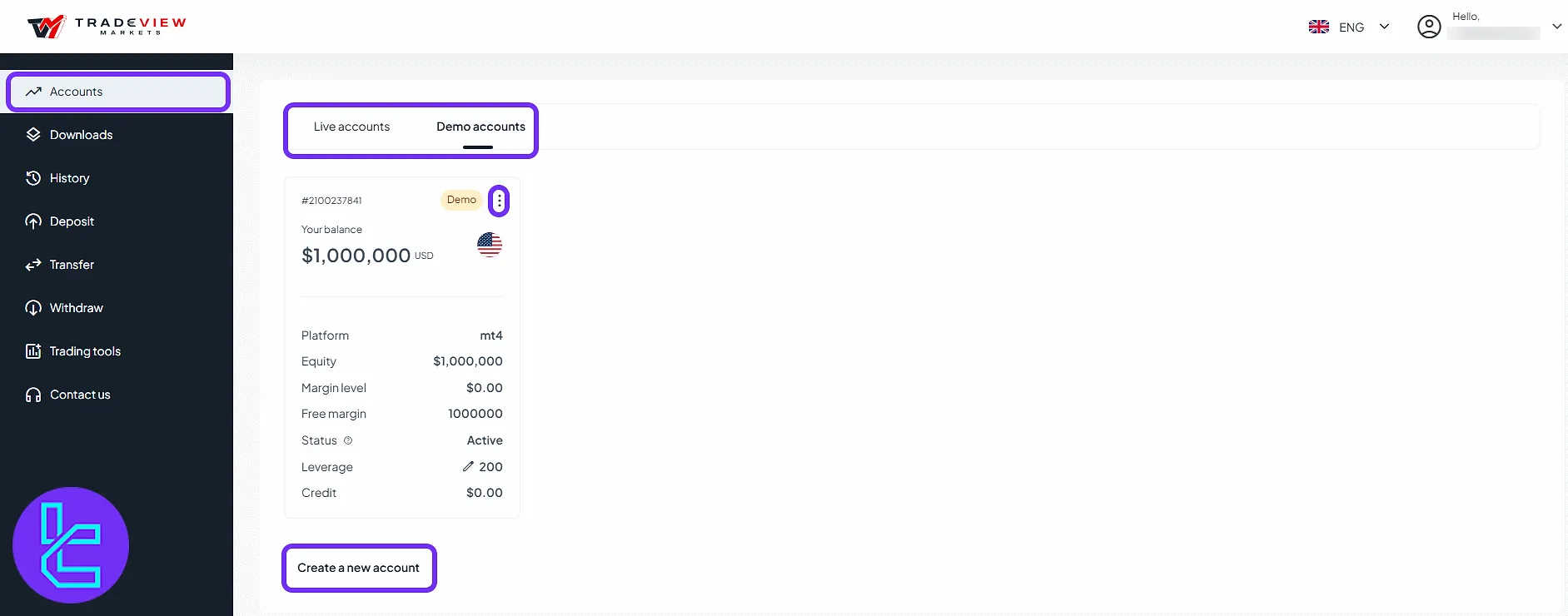 Tradeview Markets account list with manage and create options in the panel