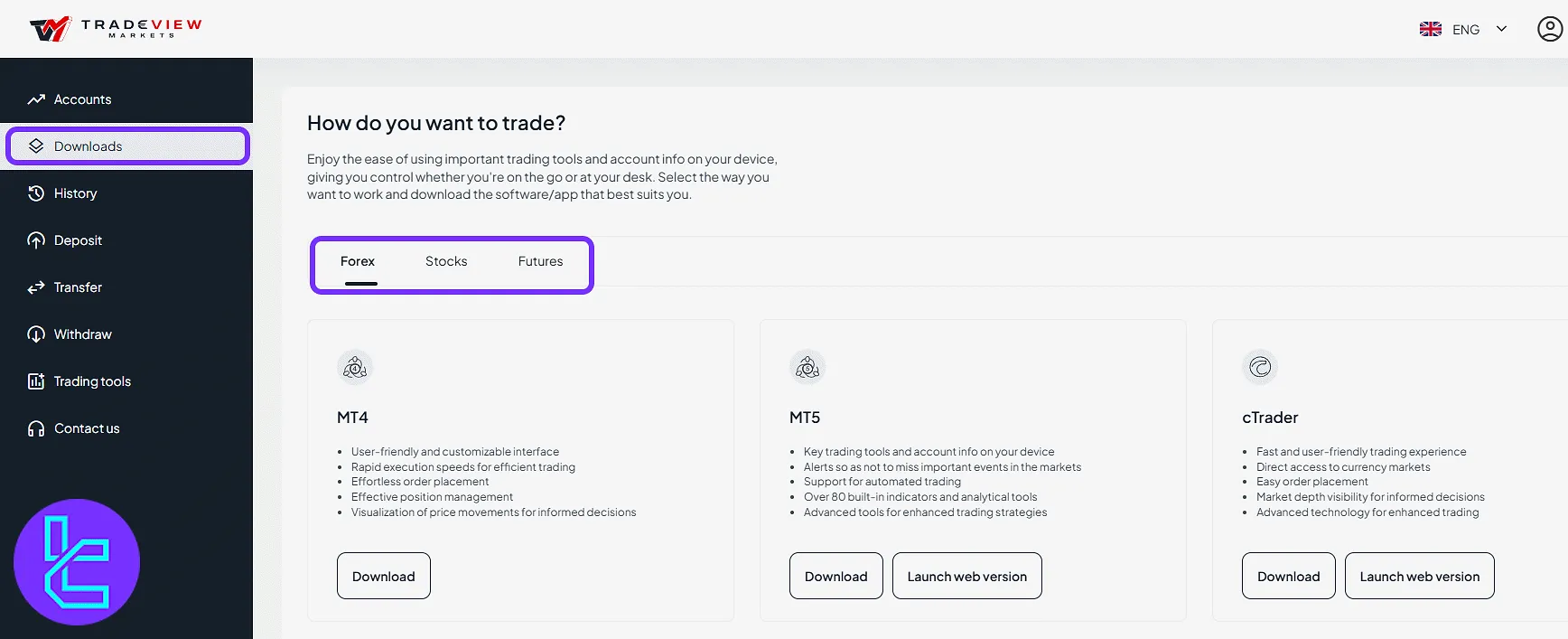 Tradeview Markets platform download and category selector