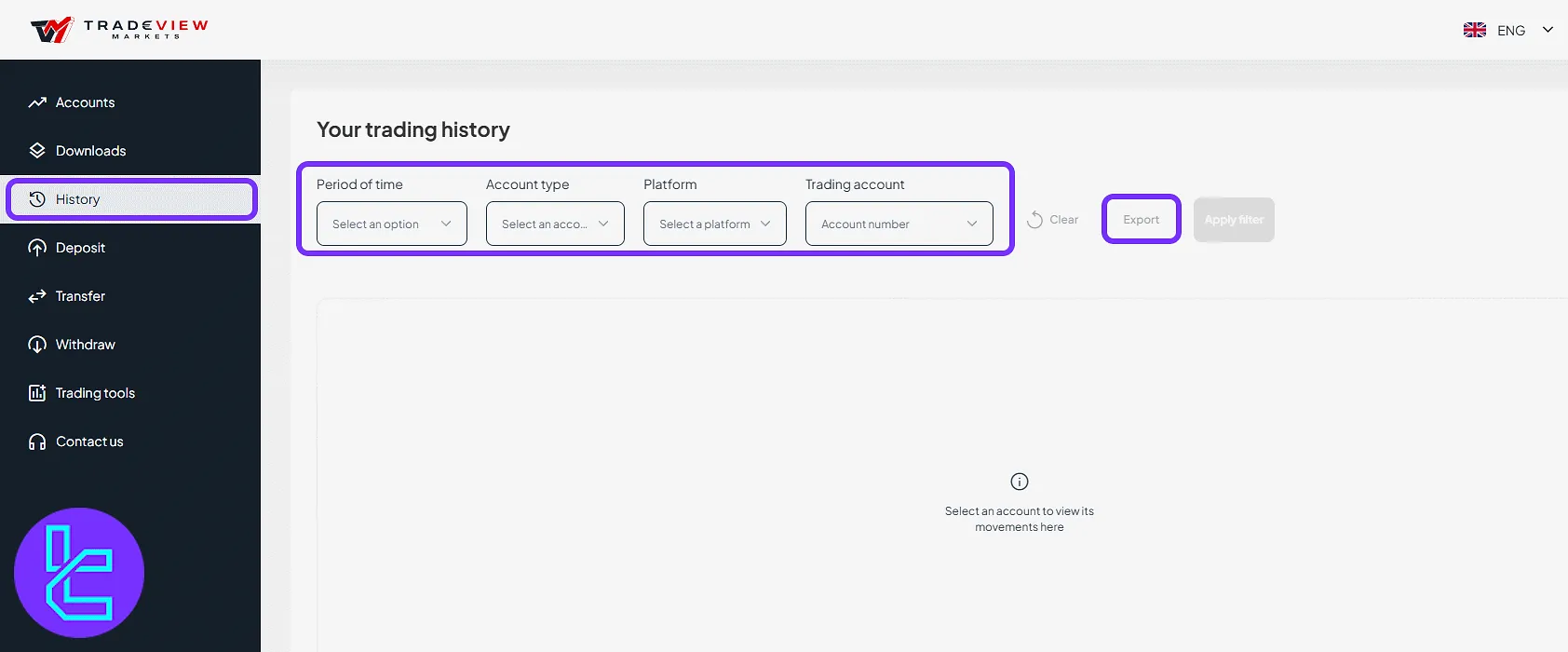 Trading history filters and export option in the Tradeview Markets panel