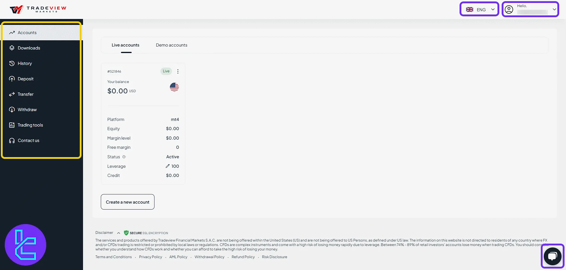 Tradeview Markets panel homepage with menu and profile tools