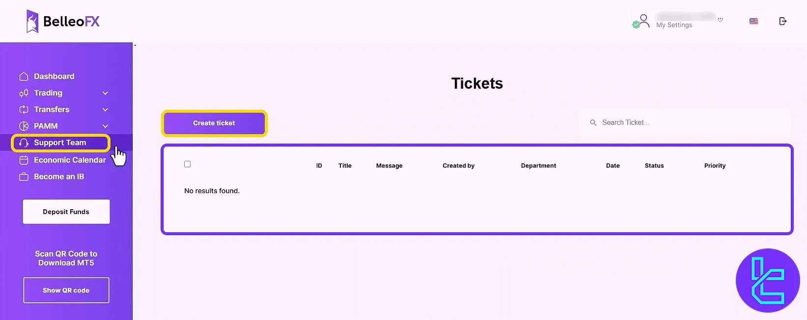 BelleoFX support ticket panel