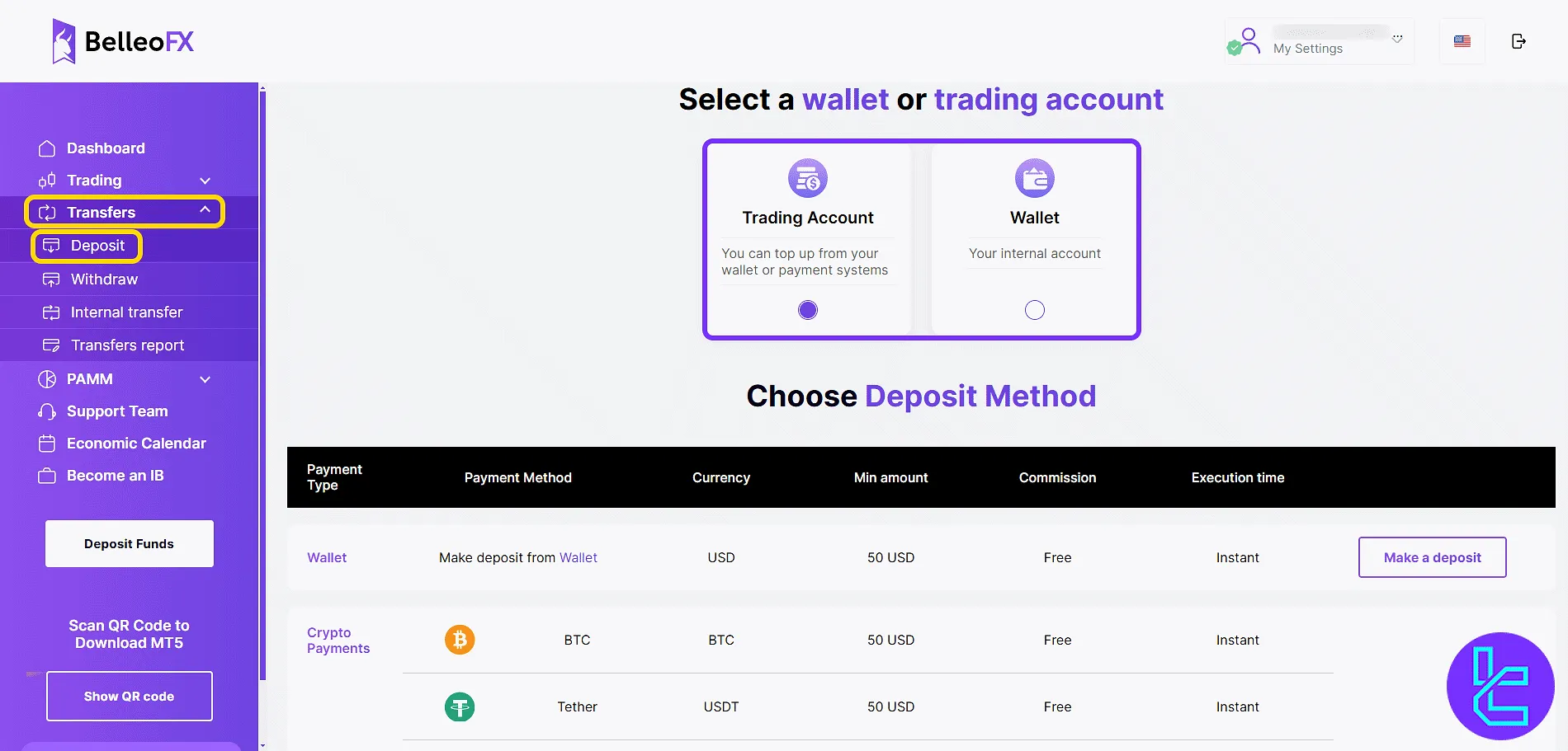 BelleoFX deposit page with crypto and wallet options in the cabin