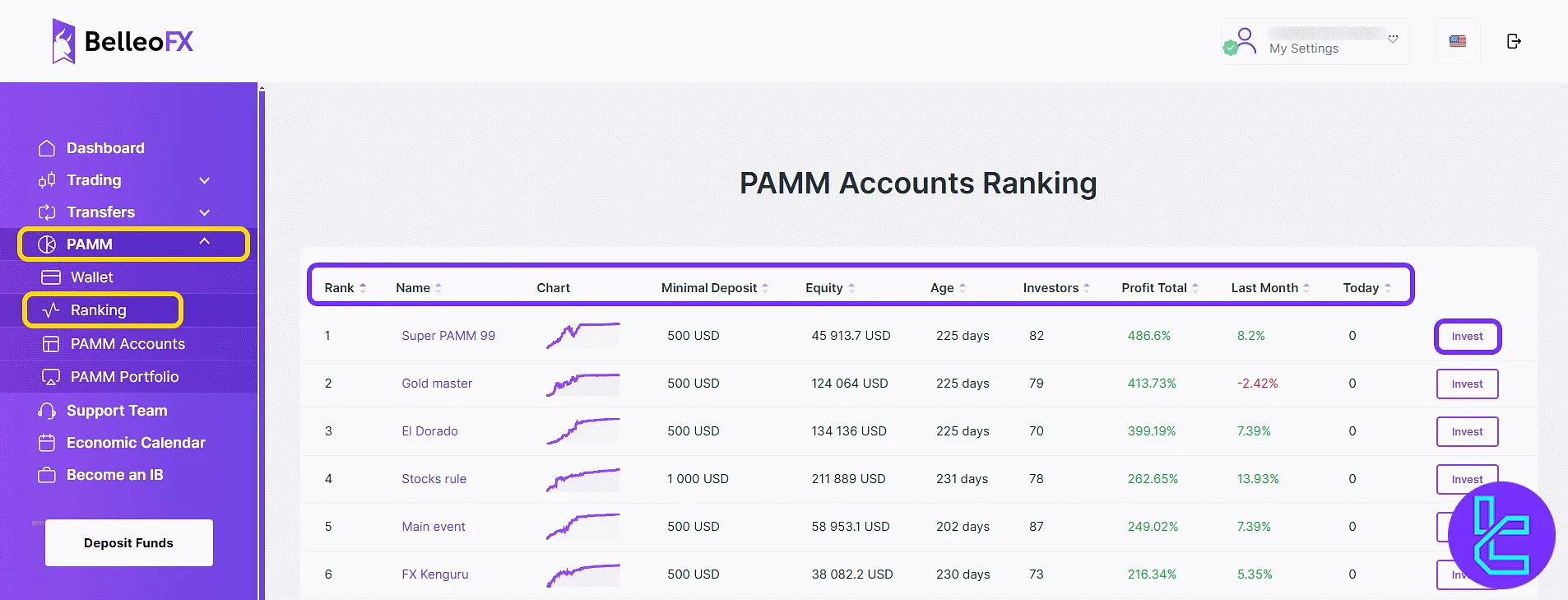 BelleoFX PAMM account rankings in the user panel