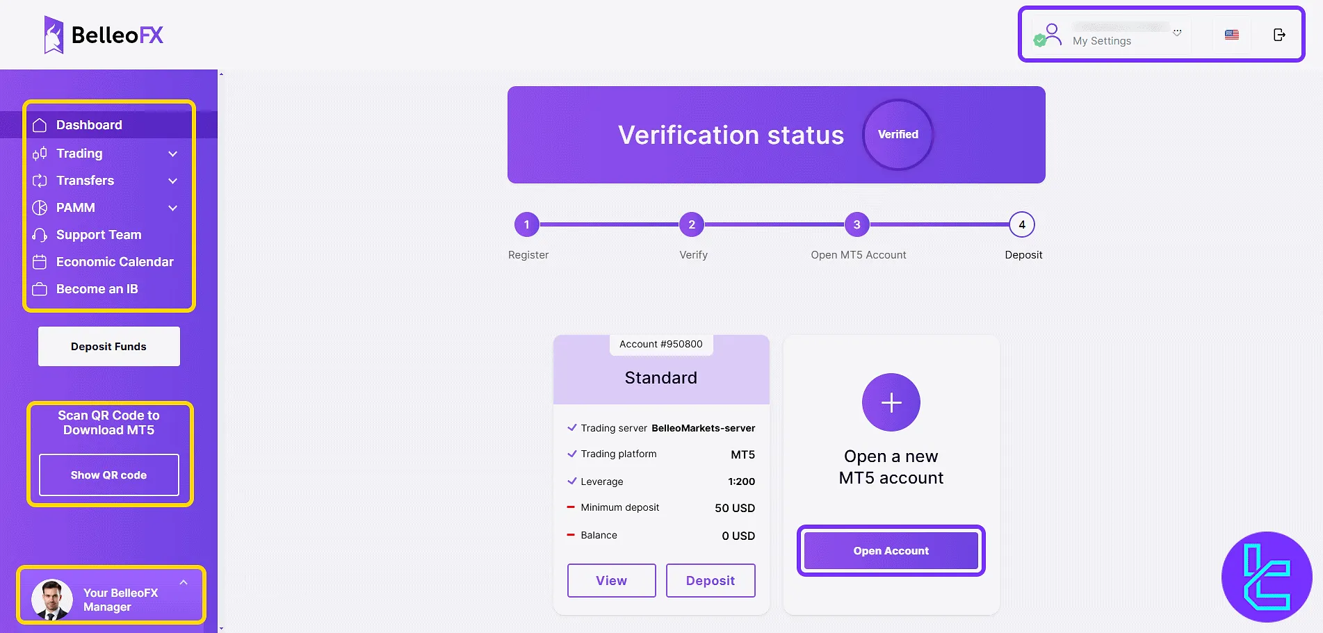BelleoFX user panel homepage layout and main menu options