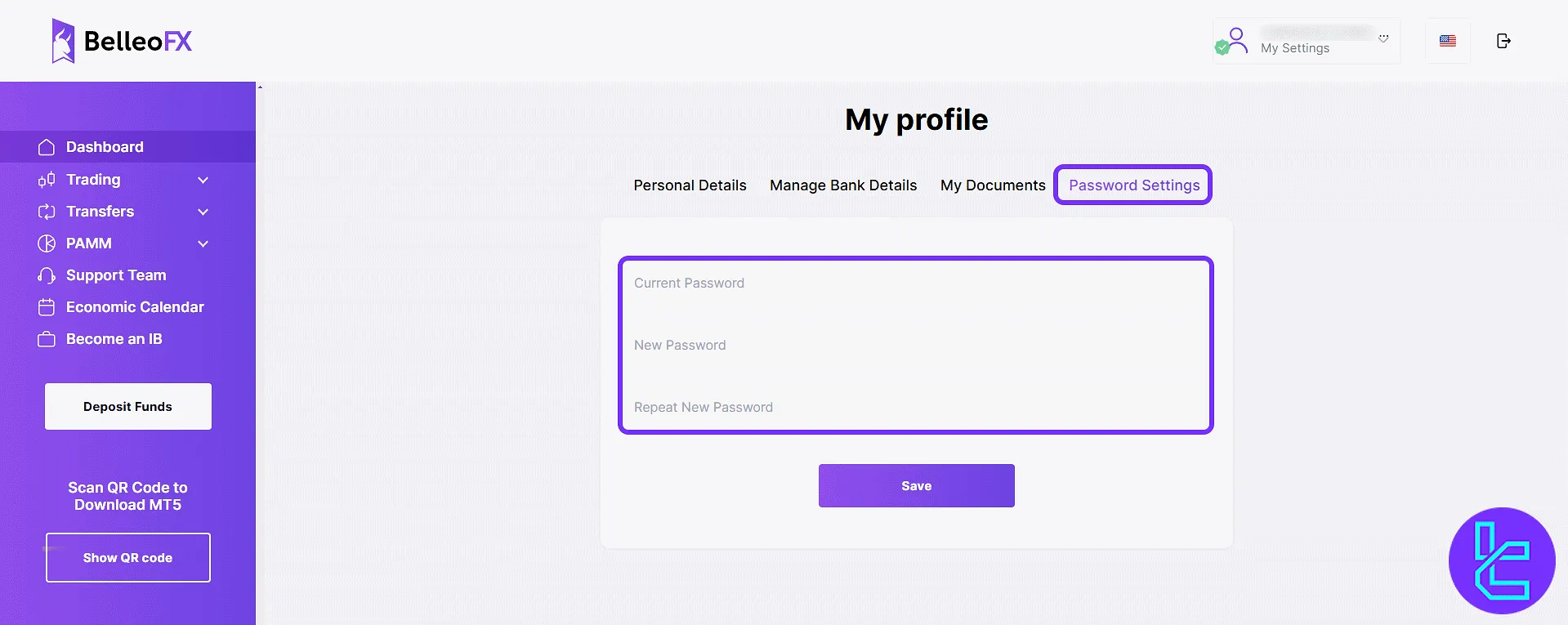 BelleoFX password change panel
