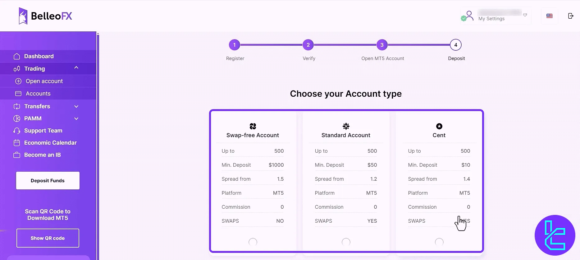 BelleoFX account creation window with leverage options in the cabin