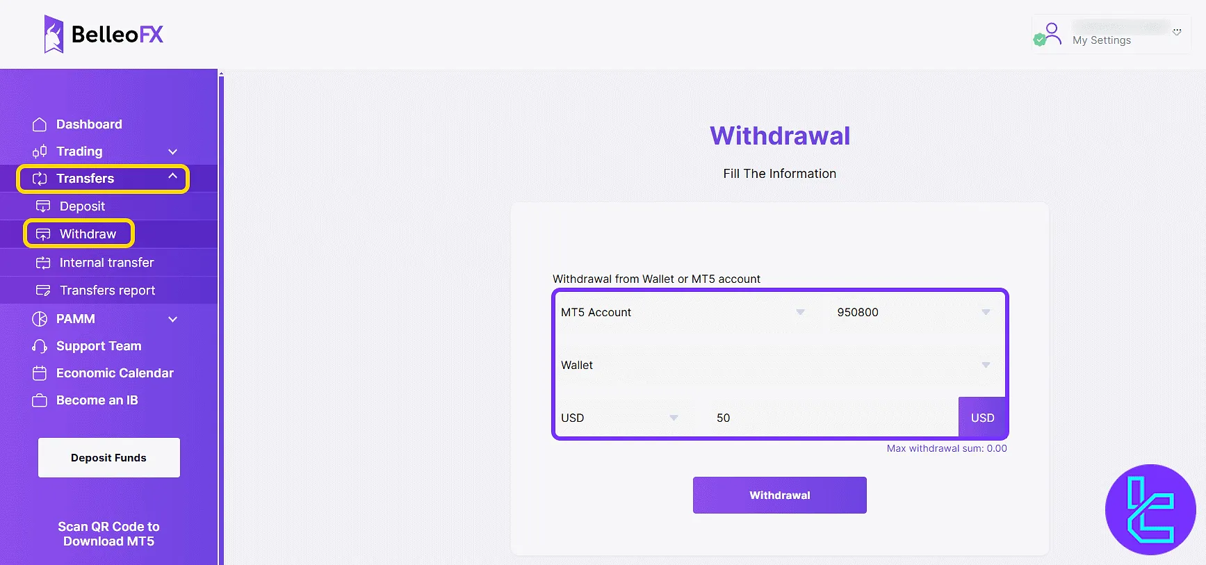 BelleoFX withdrawal page with form fields via the user panel