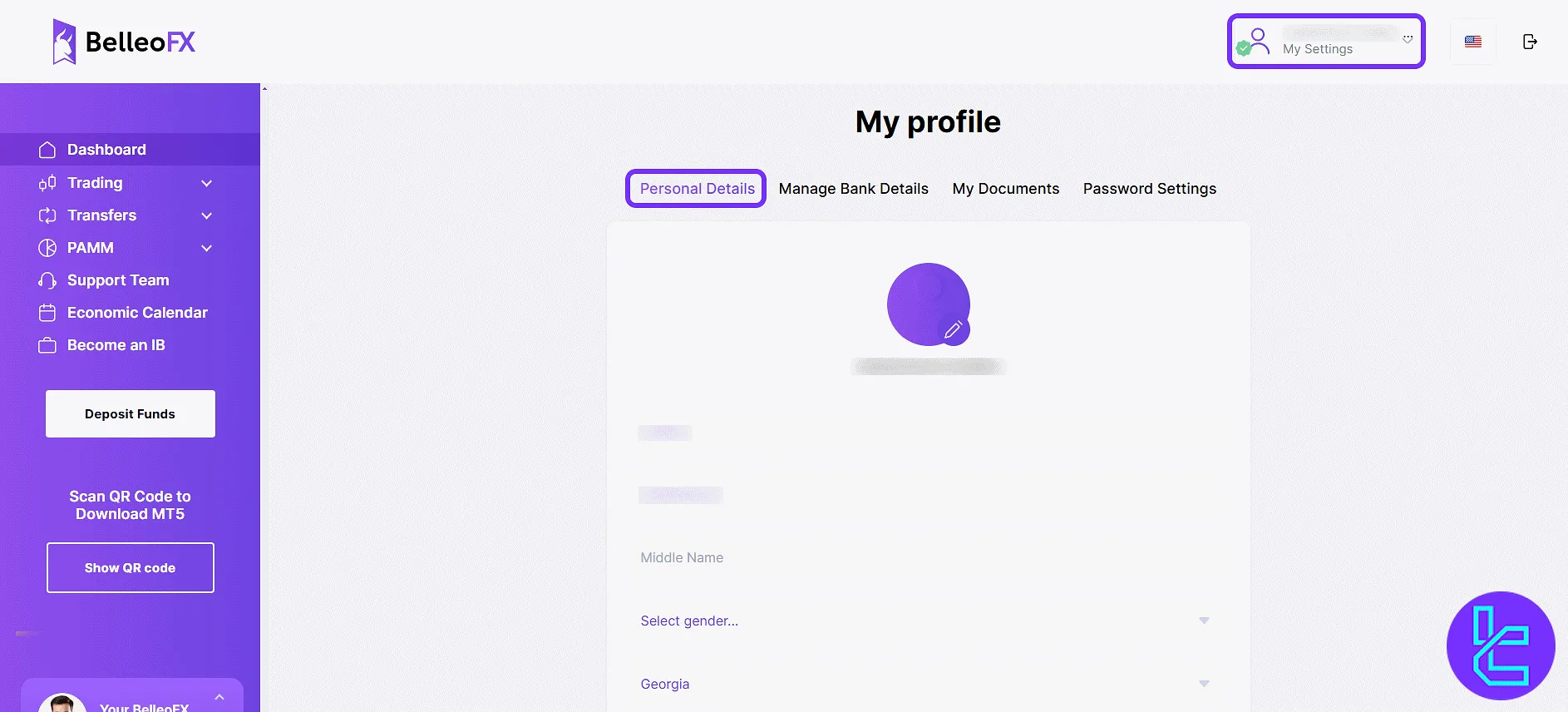 BelleoFX profile section with editable fields in the user panel