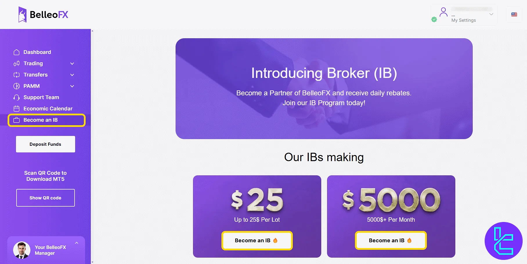 BelleoFX IB program registration page in the trading cabinet