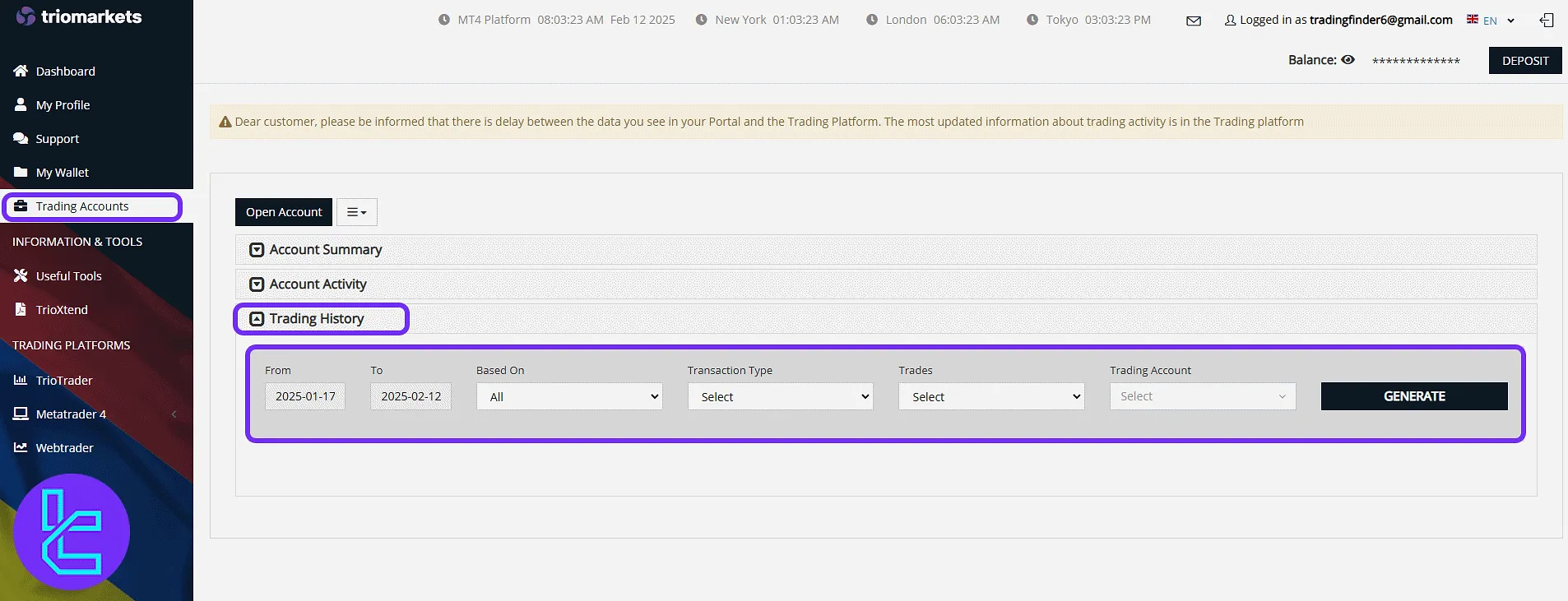 TrioMarkets trade history filters and results panel