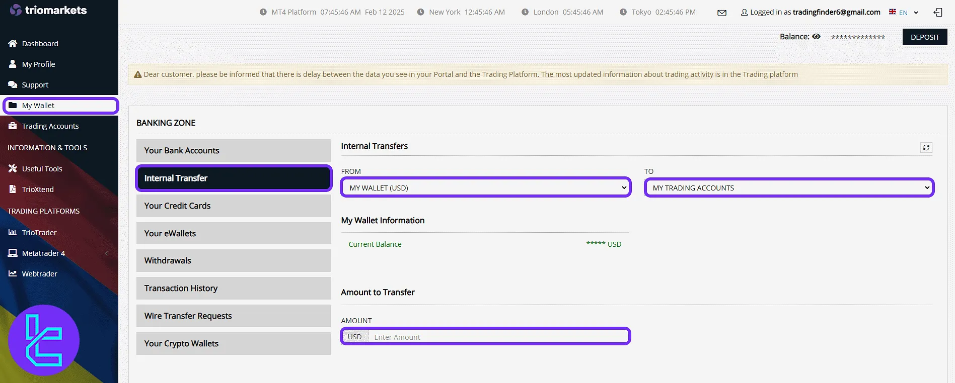Internal transfer settings in the TrioMarkets wallet panel