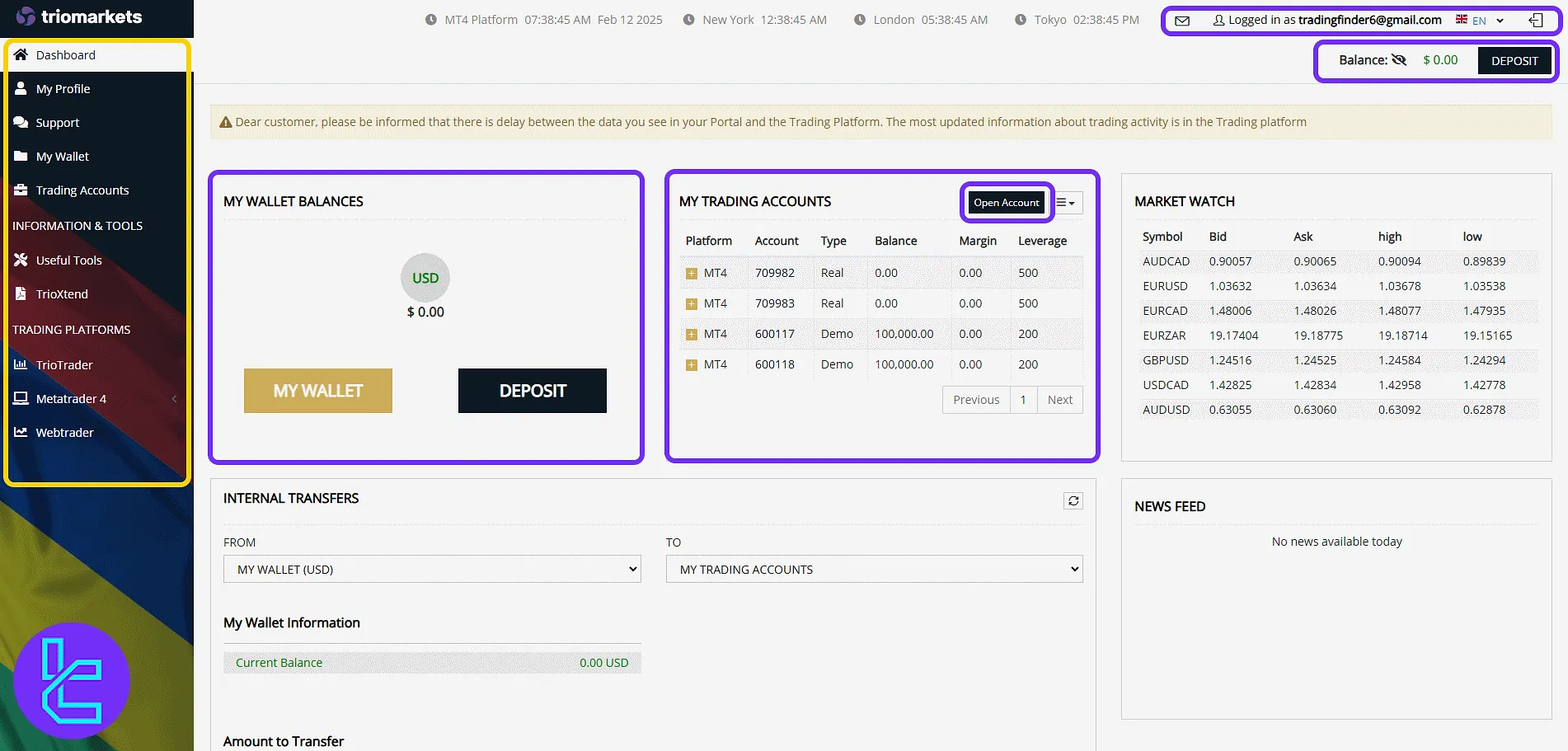 TrioMarkets trading cabinet homepage, tools, and balance