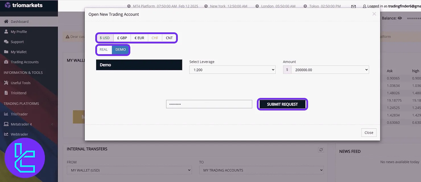 TrioMarkets create a new account modal with settings in the user panel