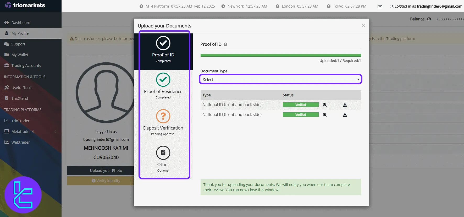 Upload documents and check KYC status in the TrioMarkets trading cabinet