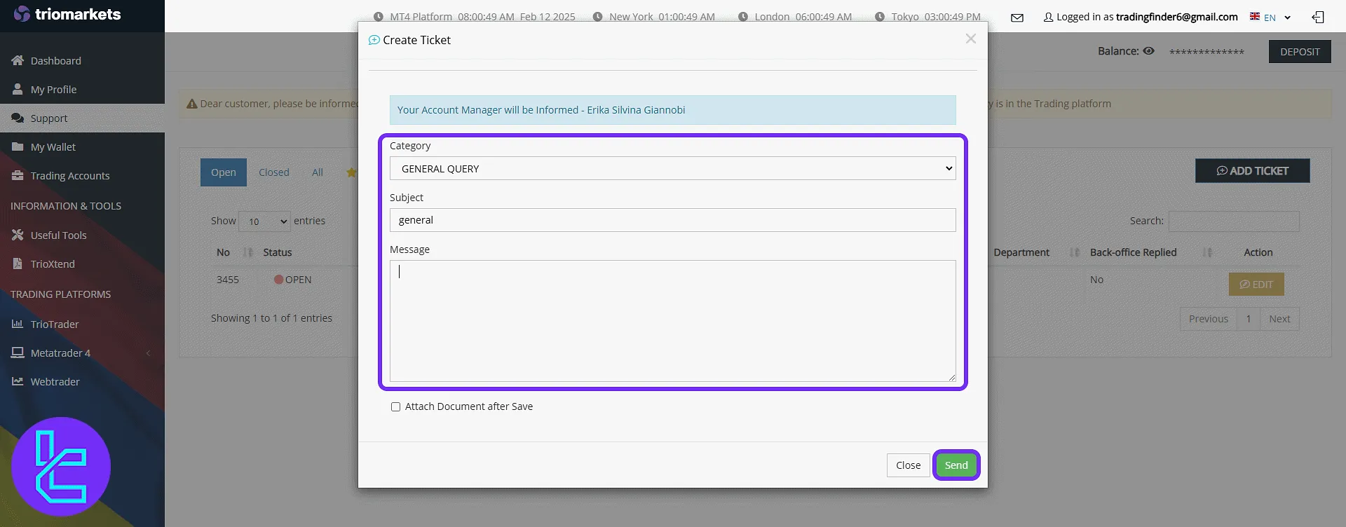 Submit a new ticket in the TrioMarkets client cabinet