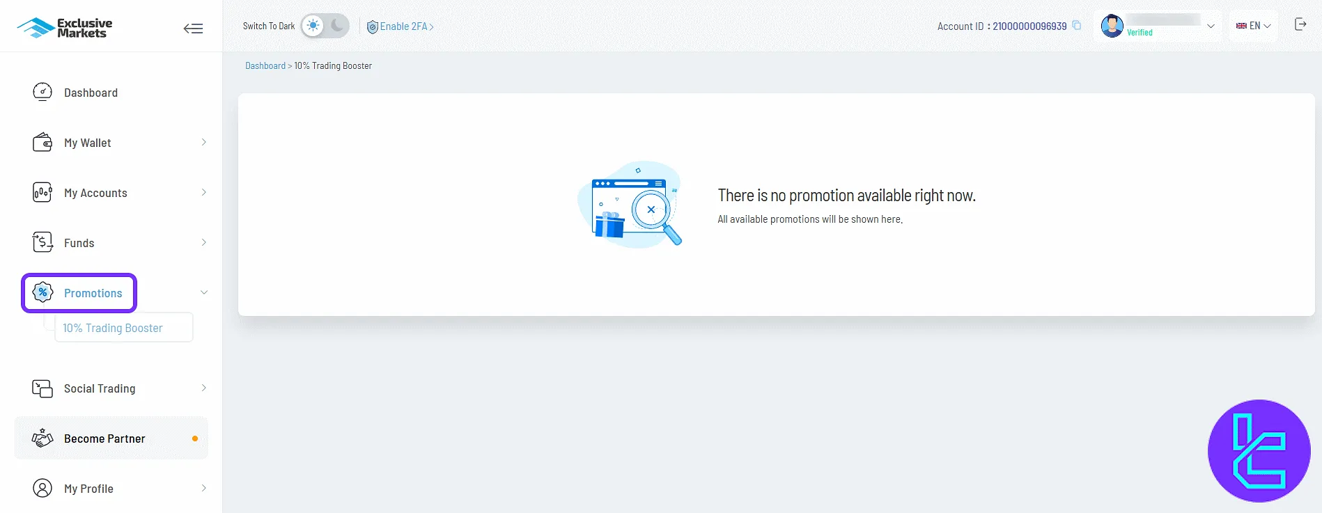 Exclusive Markets bonuses page in the user area