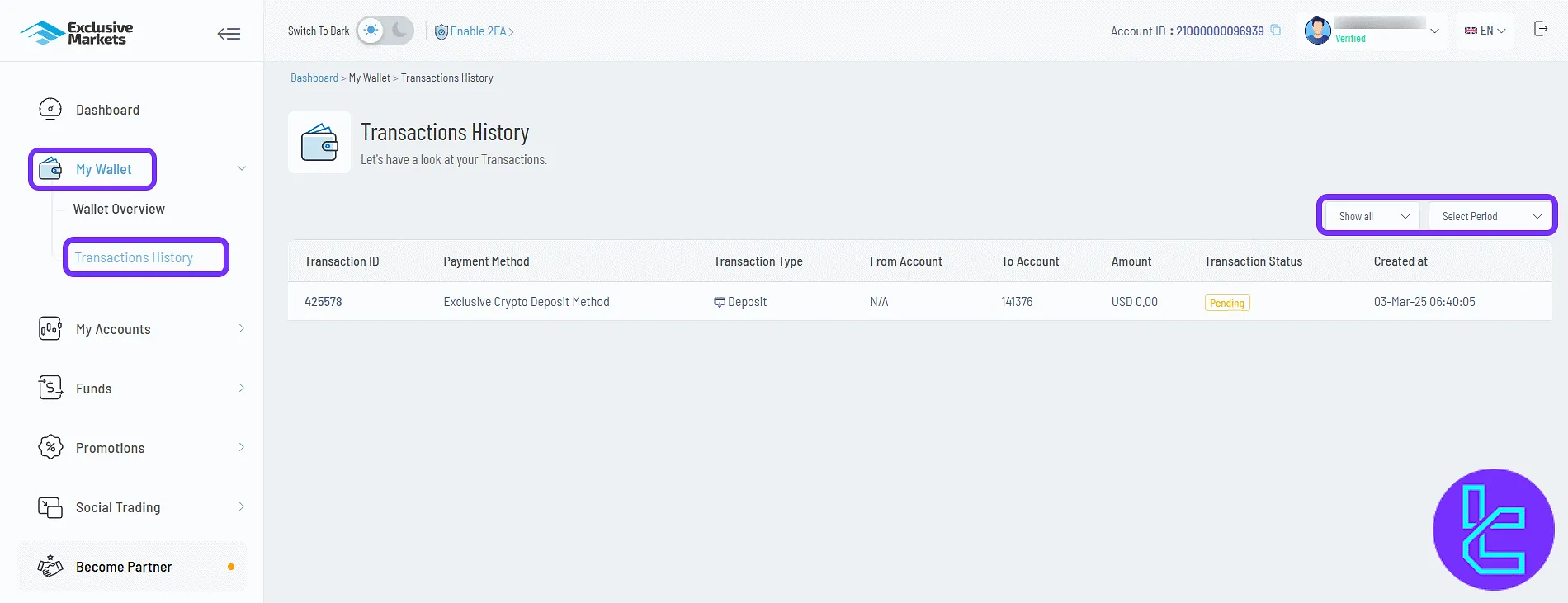 Exclusive Markets wallet history panel