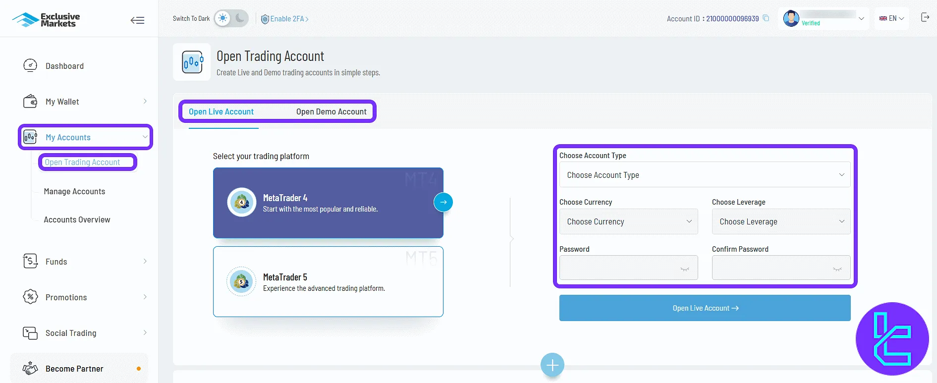 Exclusive Markets new trading account form through the cabin