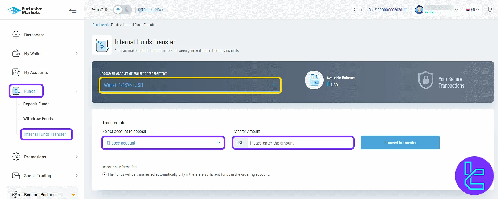 Exclusive Markets internal transfer form in the user cabin