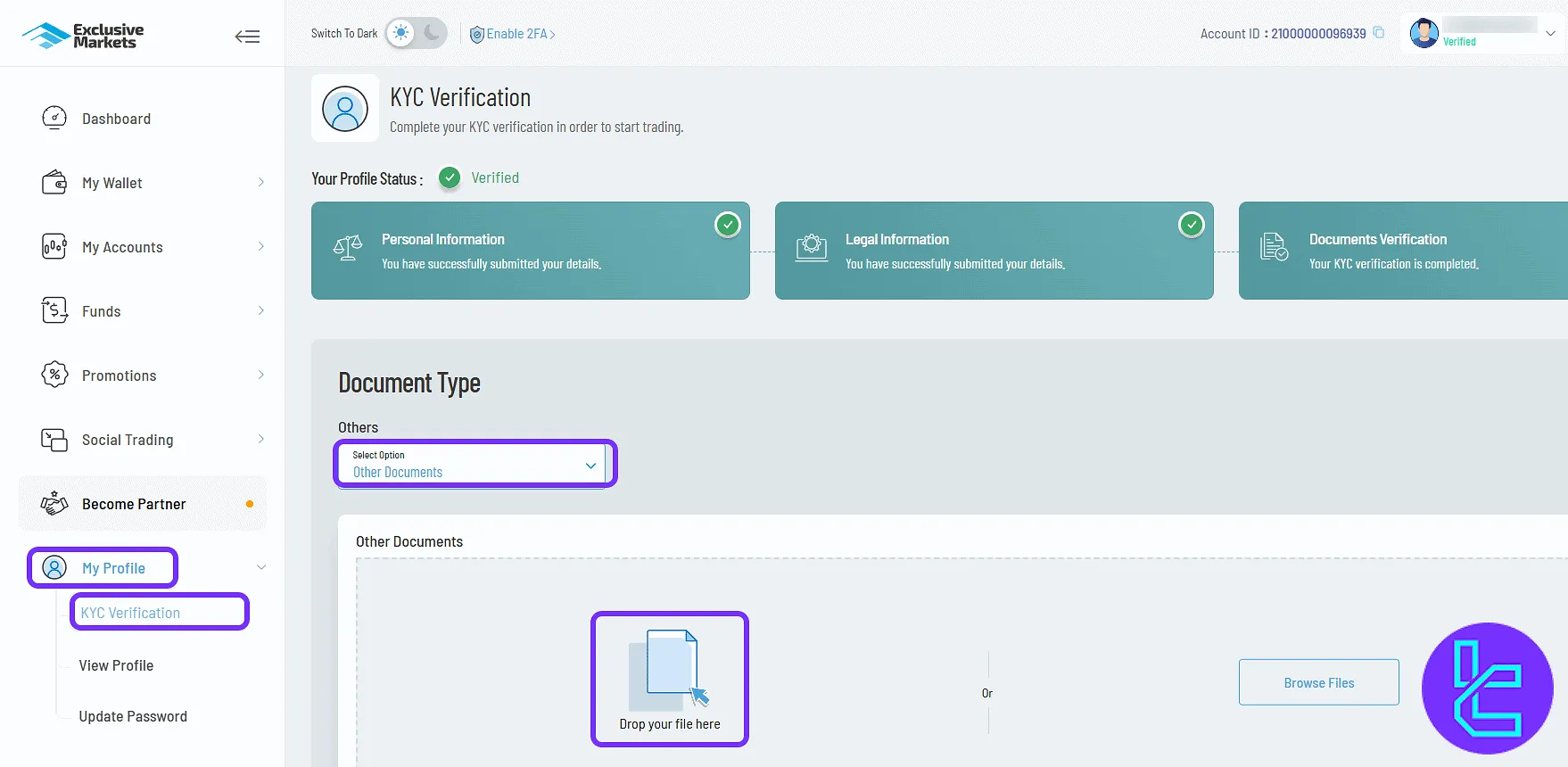 Exclusive Markets KYC verification upload page via the user cabin