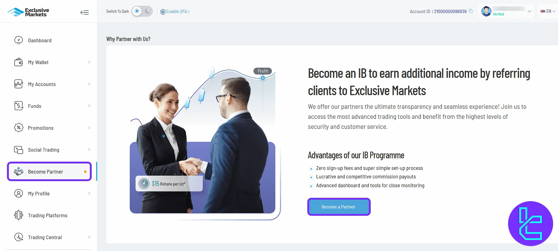 Exclusive Markets IB program page in the user panel