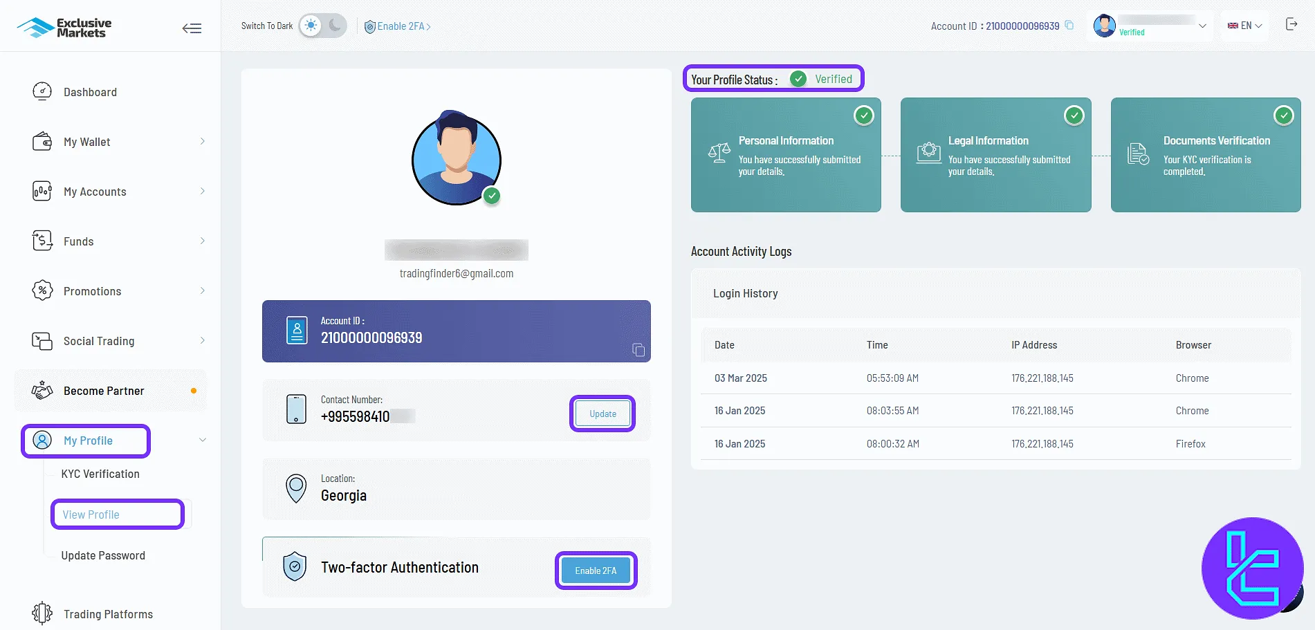 Exclusive Markets profile details and security settings in the trading cabin