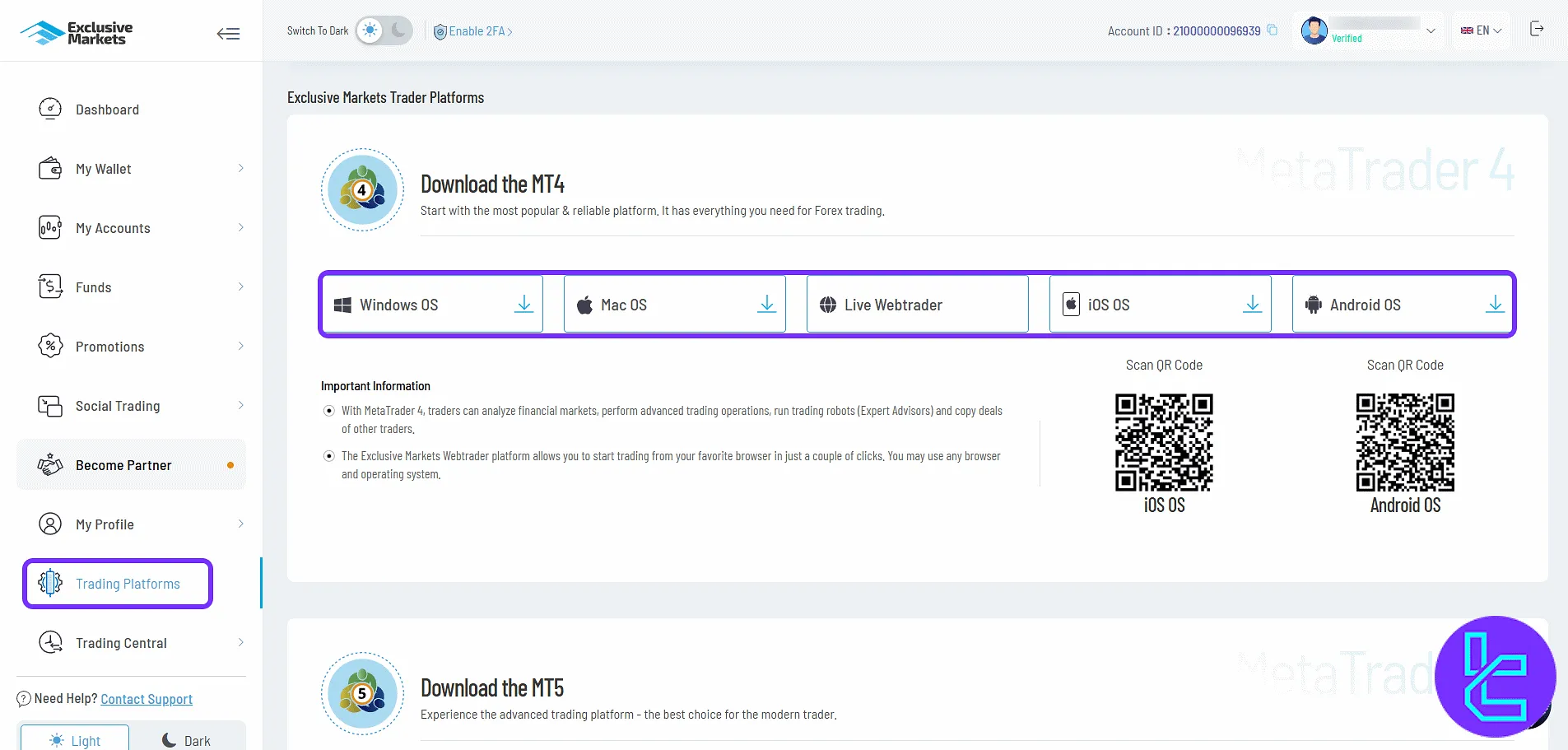 Exclusive Markets MT4 and MT5 platform download links in the user cabinet