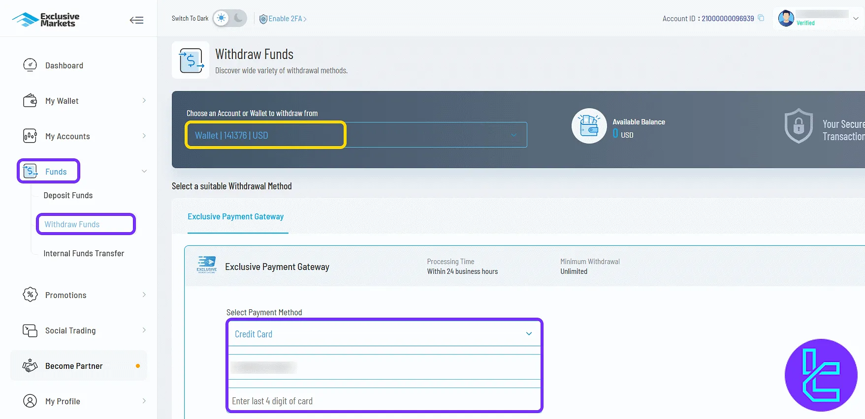 Exclusive Markets withdrawal request form via the trading cabinet
