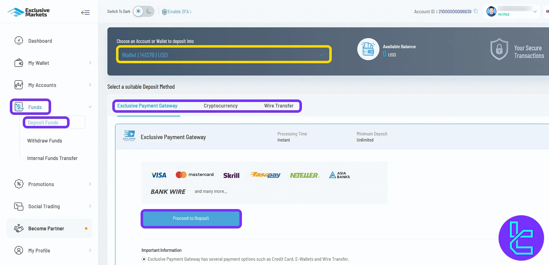 Exclusive Markets payment methods in the user panel