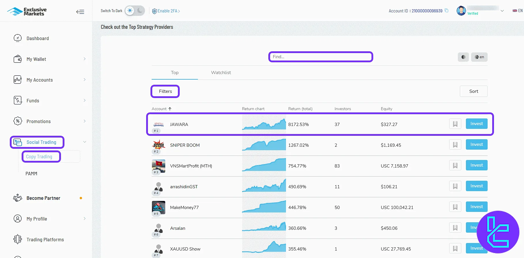 Exclusive Markets social trading providers list in the user panel