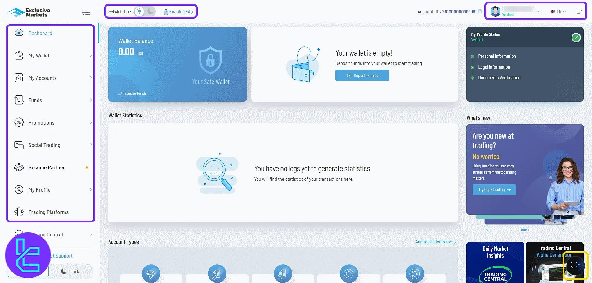Exclusive Markets panel homepage navigation and quick tools