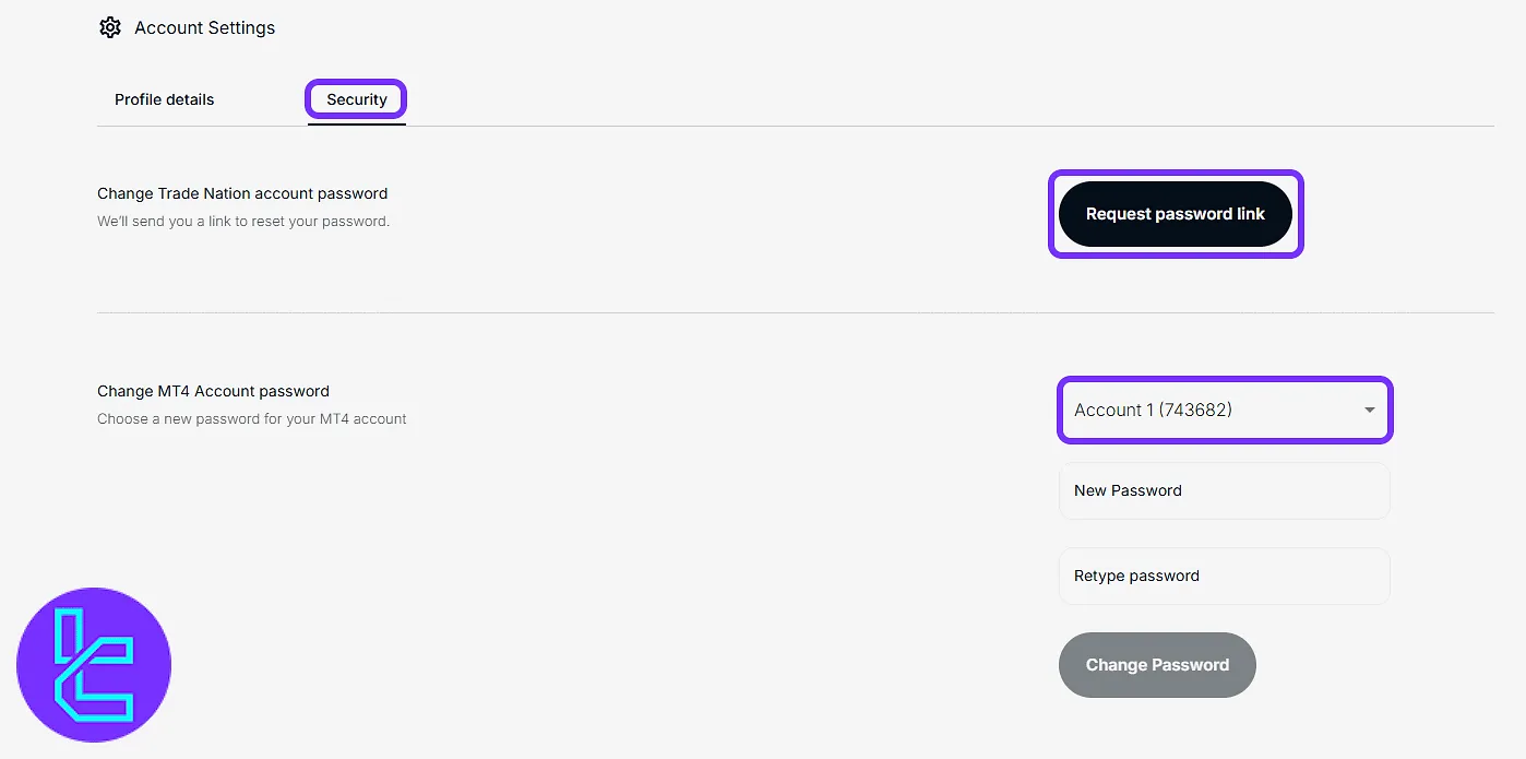Trade Nation security settings and password change option in the panel