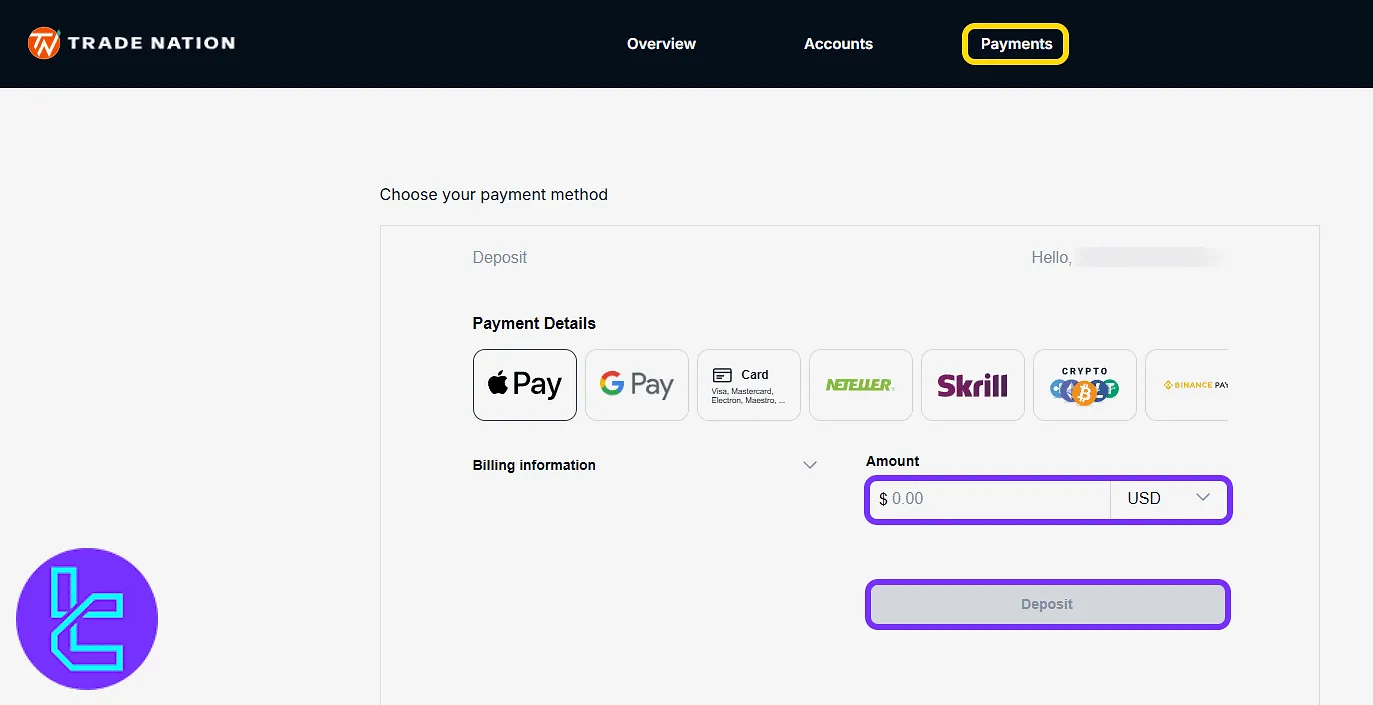 Trade Nation payment form in the user cabin
