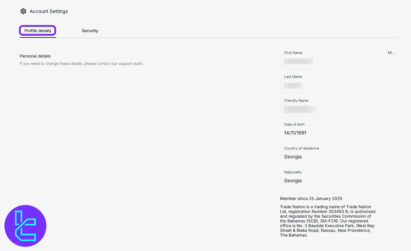 Trade Nation account details panel
