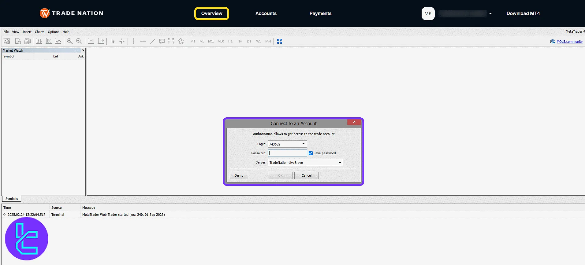 Trade Nation mt4 webtrader login via the dashboard