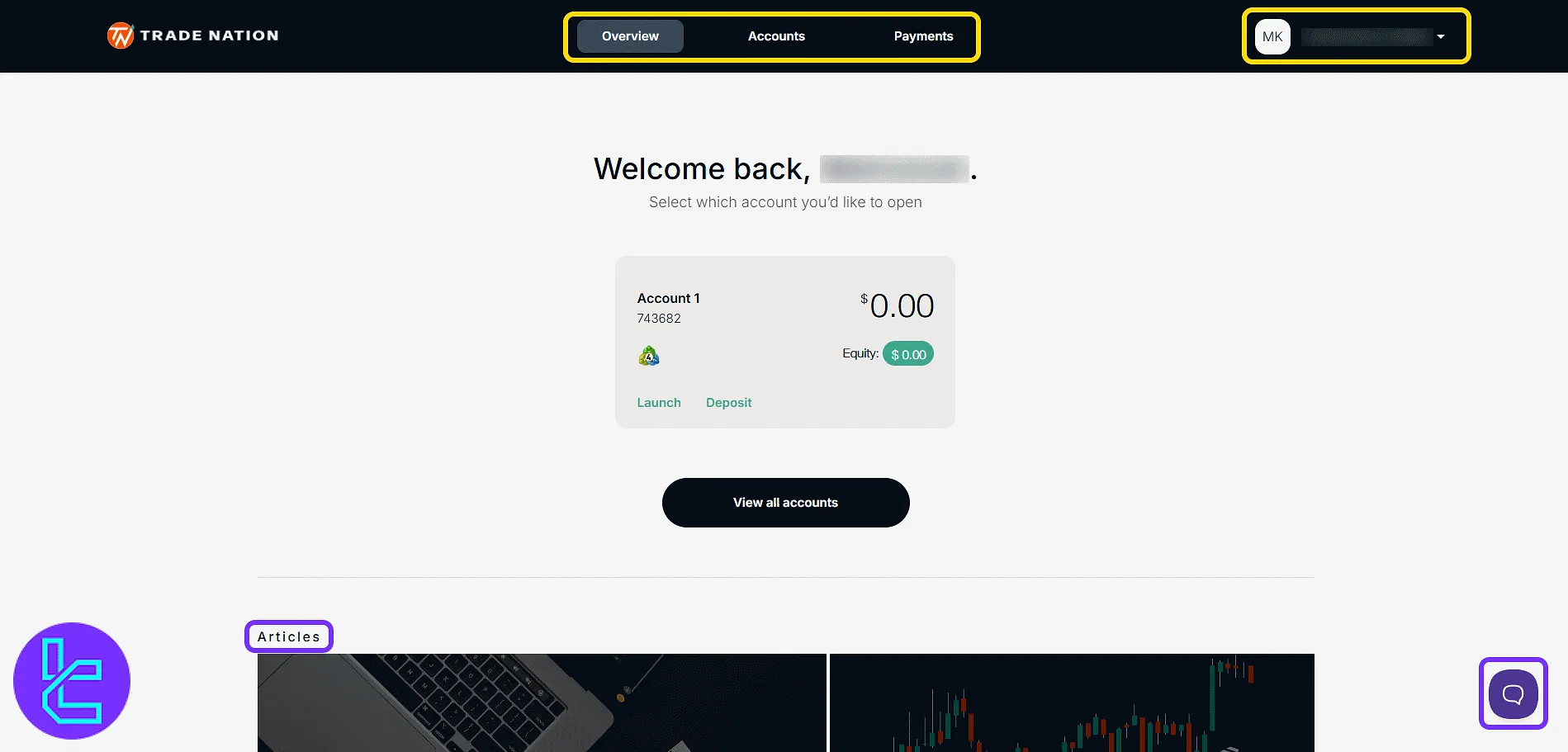 Trade Nation panel homepage navigation menu