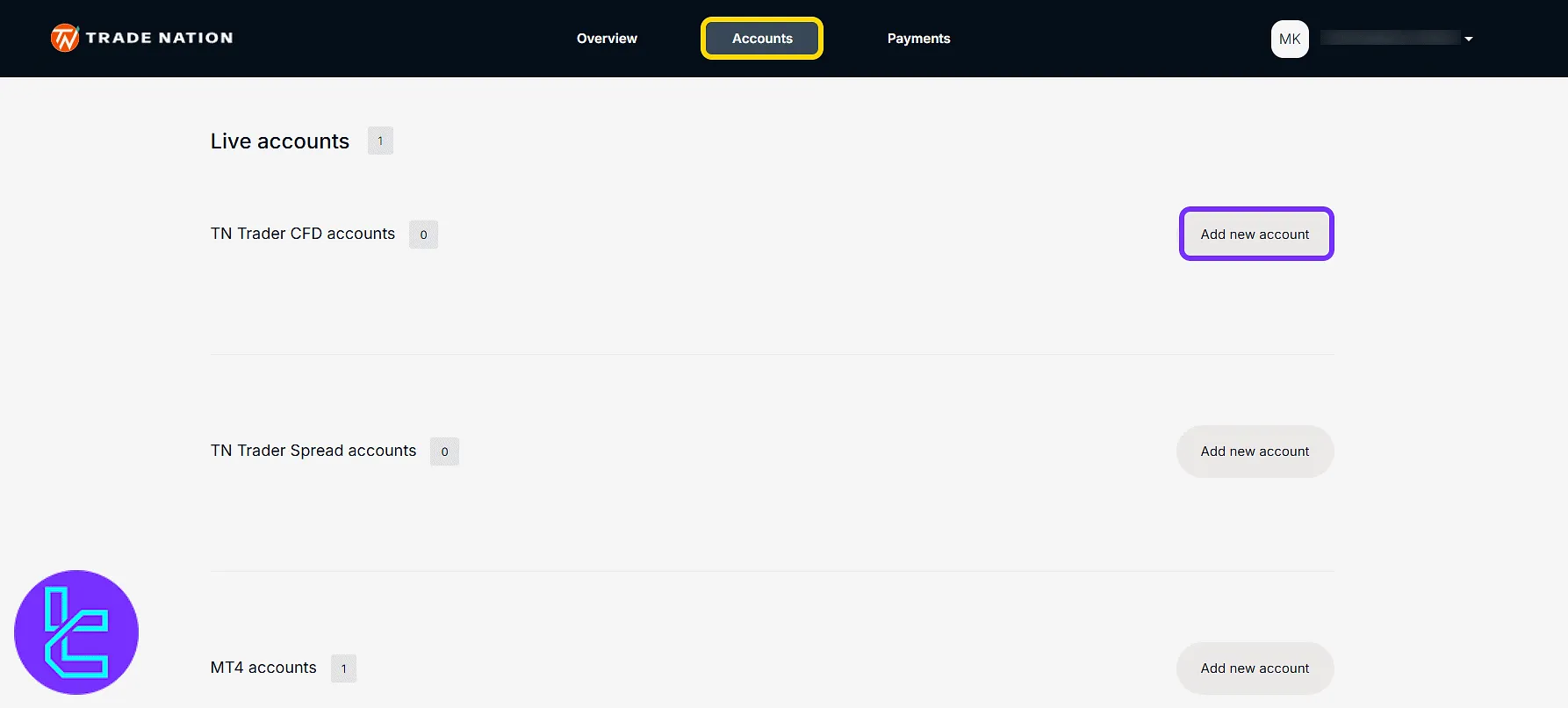 Trade Nation account types list in the account management panel