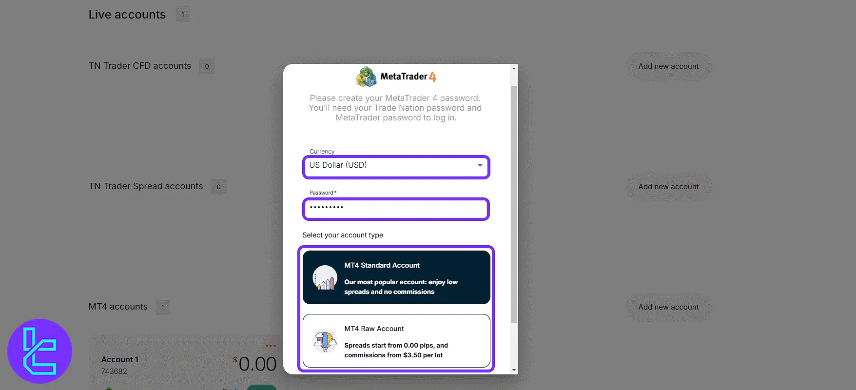 Trade Nation account creation form in the trading cabinet