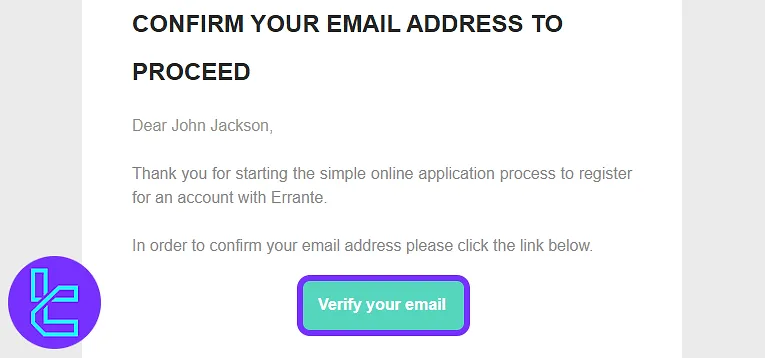 Verification email interface for activating your newly created Errante account