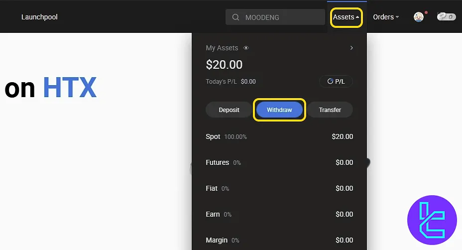 HTX TRC20 cash out Assets section