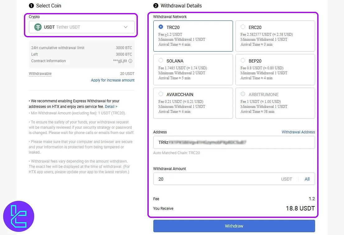 HTX Tether TRC20 payout process