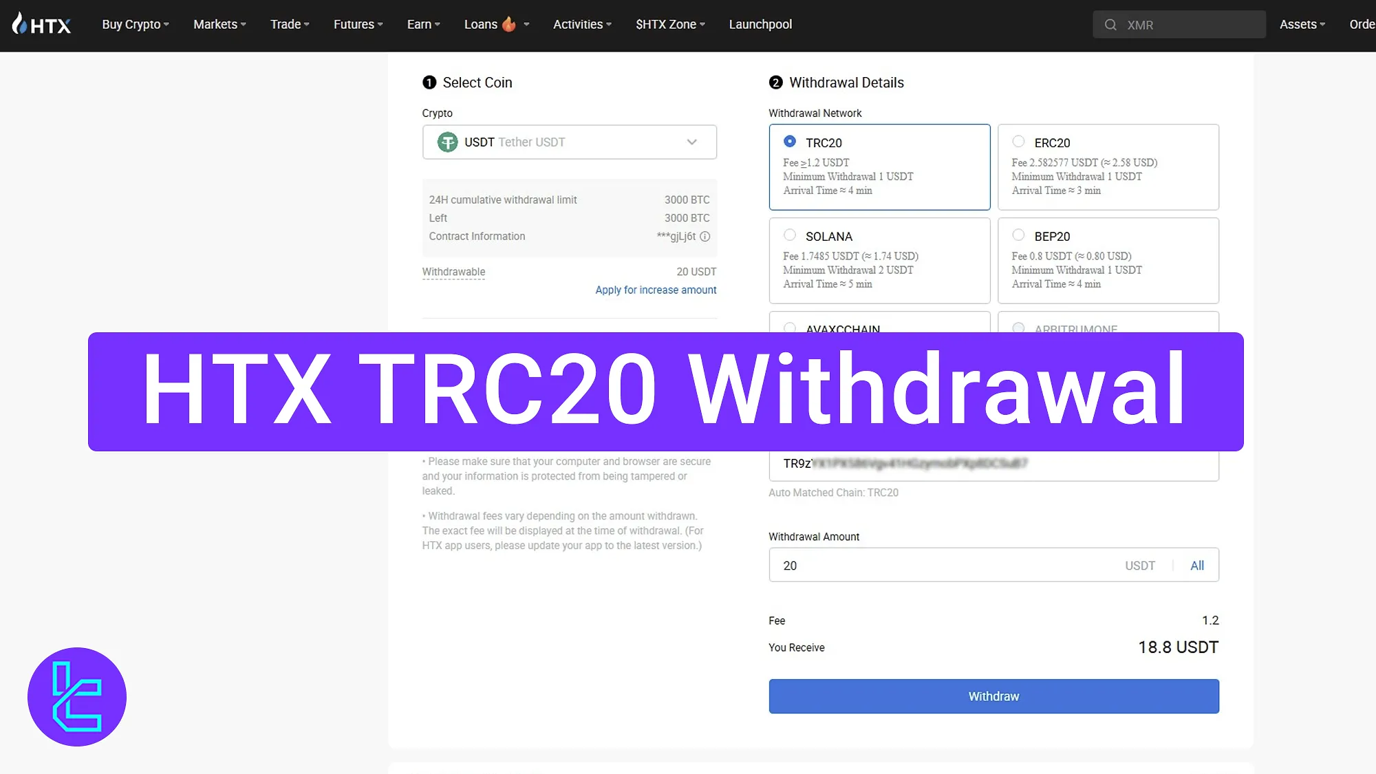 HTX Tether TRC20 cash out process