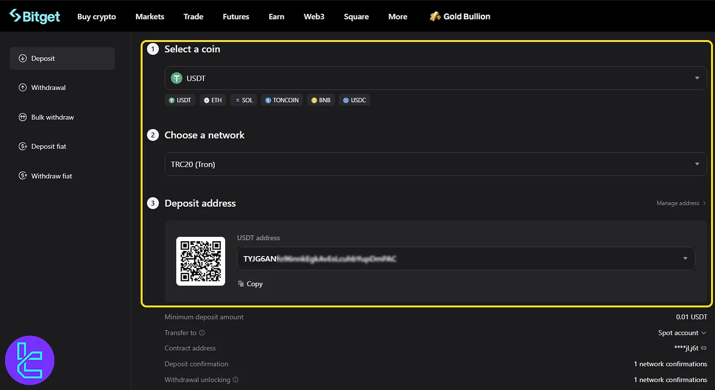 Select USDT and access the Bitget TRC20 cash-in address