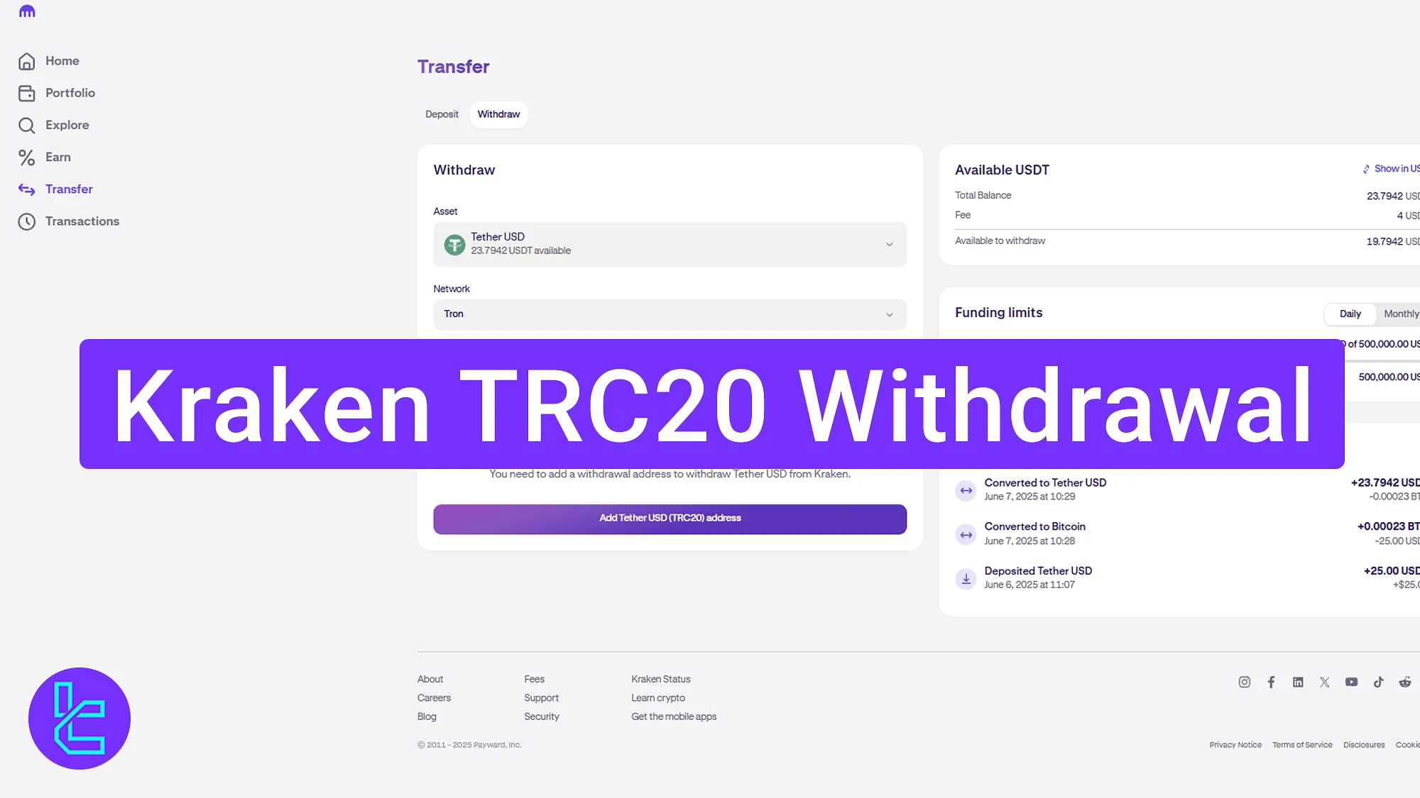 Kraken Tether TRC20 cash out process