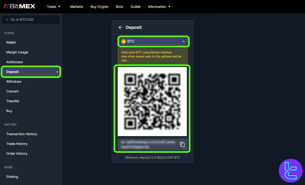 Bitcoin deposit address on BitMEX