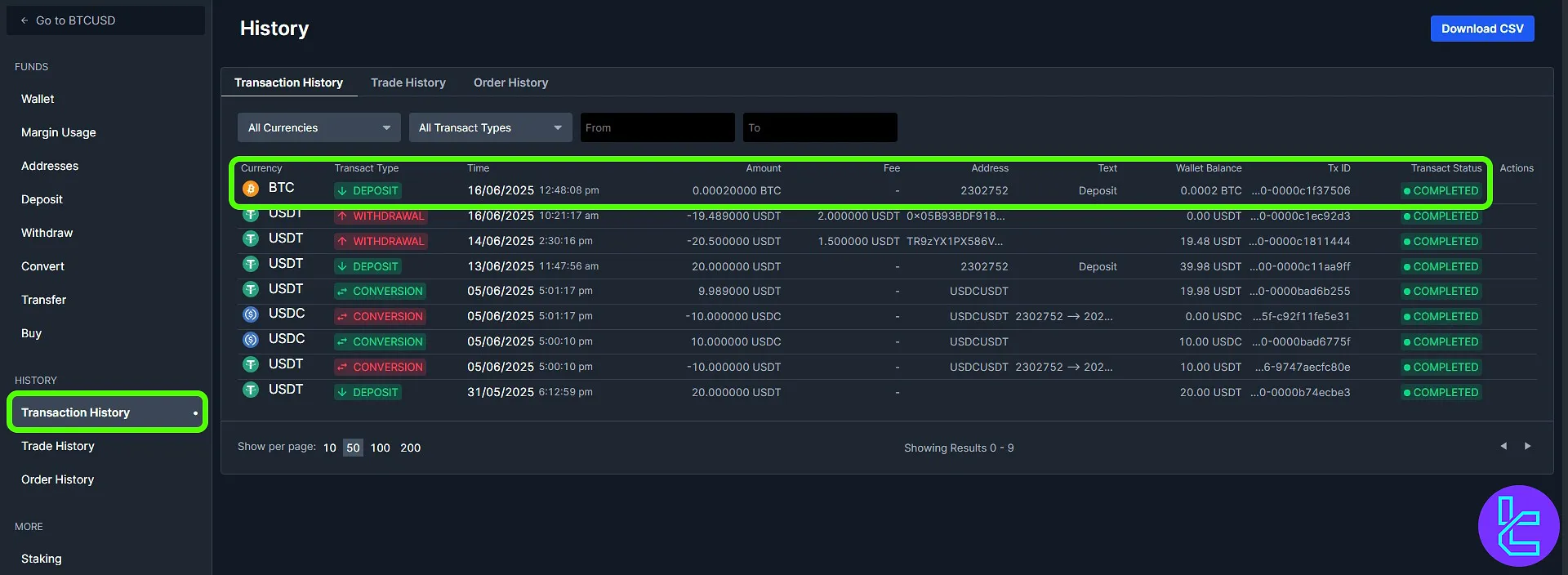 BitMEX BTC deposit History section