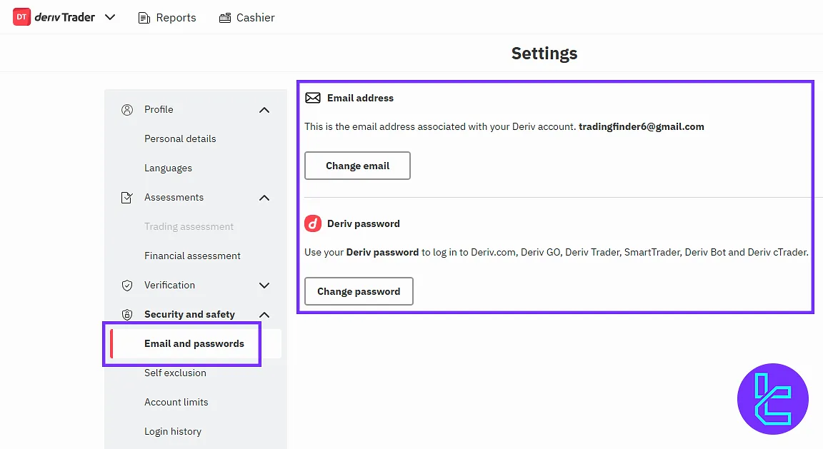 Change email and password in the Deriv user panel
