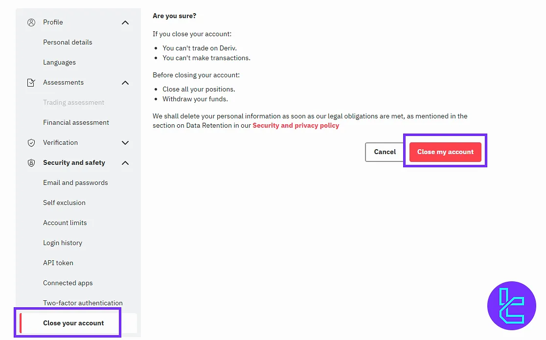 Close account option in the Deriv panel